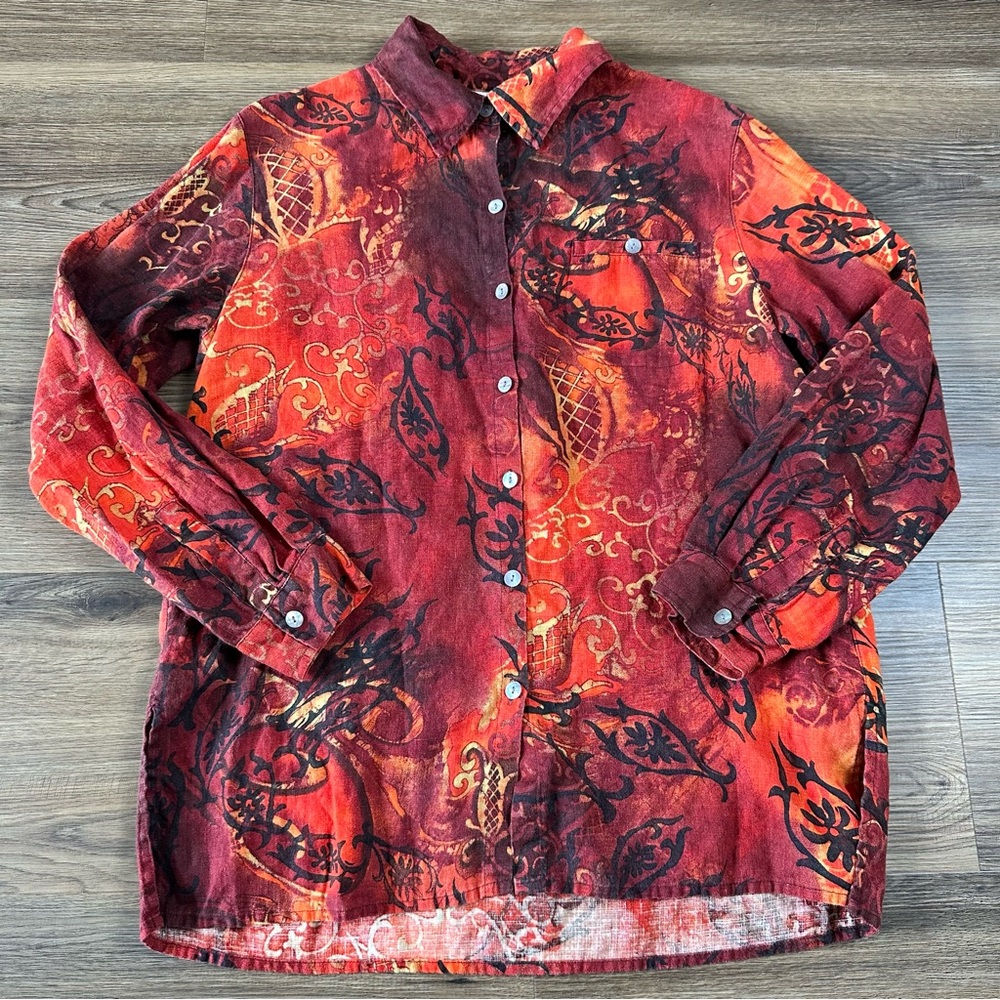 Chico's Design 100% Linen Long Sleeve Button Up Shirt Vintage Floral Scroll‎ Red